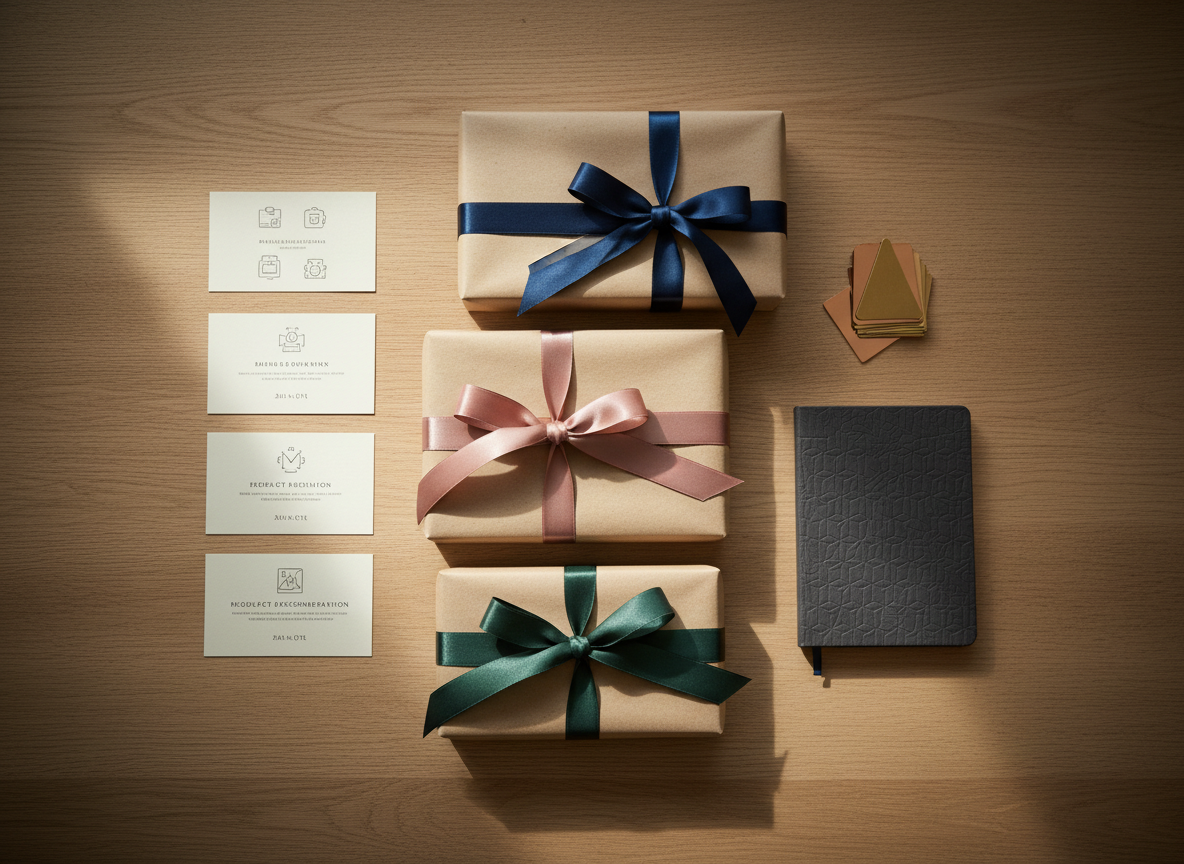 An elegant flat lay of carefully wrapped gift boxes arranged on a smooth, light oak tabletop, each box in neutral kraft paper with crisp folds and satin ribbons in muted navy, blush, and forest green. Surrounding them are neatly placed product cards, a minimalist notebook, and a small stack of polished metal gift tags. Soft natural daylight from the left creates gentle highlights on the ribbon and subtle shadows beneath the boxes. The background is uncluttered, with a slight vignette drawing focus to the center. Photographic realism, eye-level overhead perspective, sharp focus with a hint of background blur. The atmosphere is professional, calm, and thoughtfully curated, ideal for a gift guide homepage hero image that conveys trusted, everyday recommendations.