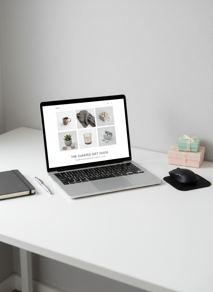 A meticulously organized modern white desk featuring a slim, silver laptop open to a clean blog layout showcasing product images in a grid, surrounded by neatly arranged items: a matte black wireless mouse, a closed charcoal-grey notebook, and two understated gift boxes in soft pastel tones. The scene is set against a pale grey wall with a subtle texture, giving a professional yet welcoming feel. Diffused daylight from a nearby unseen window casts even, soft illumination with minimal shadows. Shot from a slightly elevated angle using photographic realism, the composition follows the rule of thirds, with the laptop as the focal point. The mood is efficient, trustworthy, and informative, perfectly representing a professional gift guide site powered by real-world product recommendations.